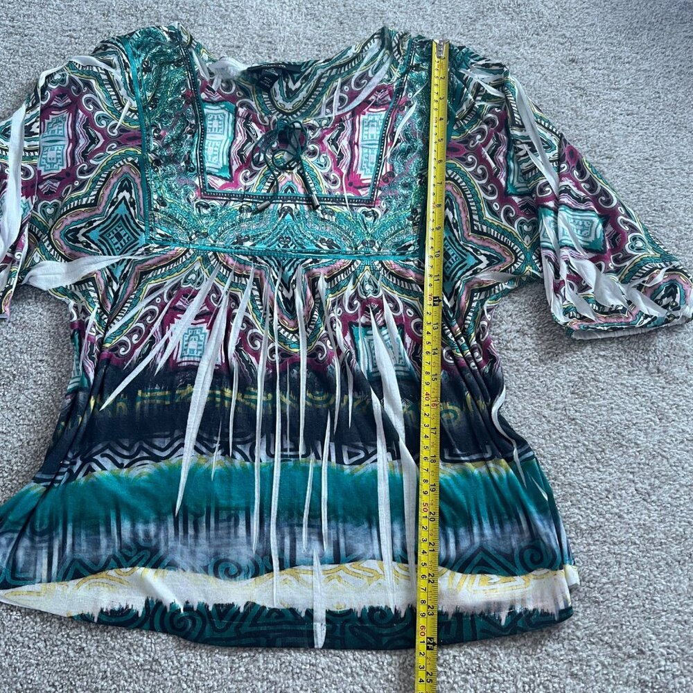 Y2K Billowy Sleeve Embroidered Lace-Up Abstract Rhinestone Green & Pink Top - Picture 8 of 8